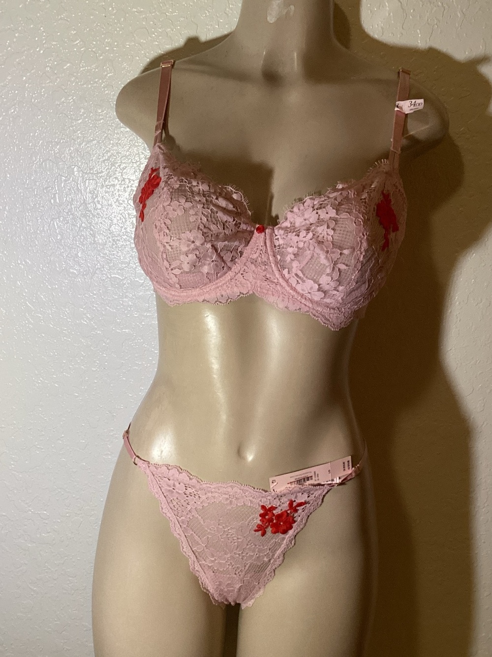 Victoria's Secret Pink Lace Underwire Bra & Thong with Red Appliqué